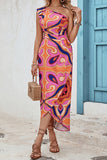 Vacation Geometric Print Frenulum Backless Asymmetrical Oblique Collar One Step Skirt Dresses