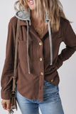 Casual Daily Draw String Buttons Patchwork Contrast Hooded Tops(8 Colors)