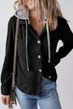 Casual Daily Draw String Buttons Patchwork Contrast Hooded Tops(8 Colors)