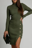 Casual Buttons Slit Potholes Half A Turtleneck Wrapped Skirt Dresses(3 Colors)