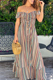 Bohemian Striped Patchwork Flounce Off the Shoulder A Line Dresses