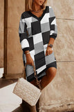 Work Plaid Solid V Neck One Step Skirt Dresses