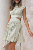 Sweet Elegant Solid Ripped Mandarin Collar Waist Skirt Dresses