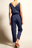 Casual College Solid Frenulum V Neck Loose Jumpsuits(4 Colors)