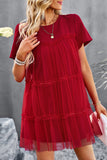 Sweet Elegant Solid Mesh O Neck Short Sleeve Dress