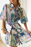 Bohemian Floral With Belt Turndown Collar A Line Dresses