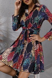 Elegant Geometric Print Buckle With Belt Turndown Collar A Line Dresses