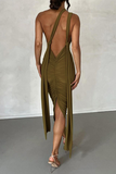 Sexy Solid Backless Slit Fold V Neck Wrapped Skirt Dresses