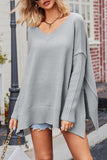 Casual Simplicity Solid Slit V Neck Tops