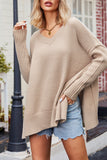 Casual Simplicity Solid Slit V Neck Tops