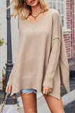 Casual Simplicity Solid Slit V Neck Tops