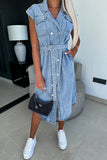 Casual Solid Patchwork With Belt Turndown Collar Sleeveless Regular Denim Dresses(3 Colors)