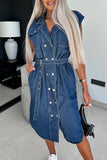 Casual Solid Patchwork With Belt Turndown Collar Sleeveless Regular Denim Dresses(3 Colors)