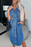 Casual Solid Patchwork With Belt Turndown Collar Sleeveless Regular Denim Dresses(3 Colors)