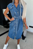 Casual Solid Patchwork With Belt Turndown Collar Sleeveless Regular Denim Dresses(3 Colors)