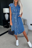 Casual Solid Patchwork With Belt Turndown Collar Sleeveless Regular Denim Dresses(3 Colors)