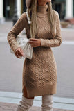 Elegant Solid Slit Weave Turtleneck Long Sleeve Dresses