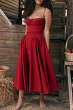 Vintage Elegant Solid Fold Square Collar Sling Dress Dresses