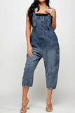 Street Solid Patch Button Square Neck Pocket Straight Jumpsuit