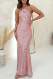 Sexy Formal Solid Sequins Backless Halter Trumpet Mermaid Dresses