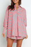 Casual Daily Striped Frenulum Turndown Collar Long Sleeve Two Pieces(4 Colors)