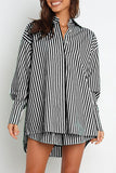 Casual Daily Striped Frenulum Turndown Collar Long Sleeve Two Pieces(4 Colors)