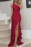 Elegant Solid Flounce Slit One Shoulder Evening Dress Dresses(8 Colors)