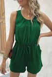 Casual Simplicity Solid Draw String Pocket O Neck Rompers