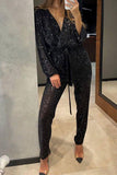 Casual British Style Solid Bandage Sequins Sequined V Neck Regular Jumpsuits