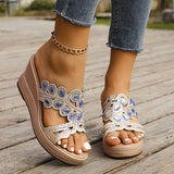 Casual Hollowed Out Patchwork Rhinestone Fish Mouth Out Door Wedges Shoes (Heel Height 3.15in)(3 Colors)