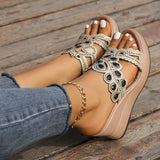 Casual Hollowed Out Patchwork Rhinestone Fish Mouth Out Door Wedges Shoes (Heel Height 3.15in)(3 Colors)