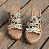 Casual Hollowed Out Patchwork Rhinestone Fish Mouth Out Door Wedges Shoes (Heel Height 3.15in)(3 Colors)