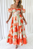 Sweet Elegant Floral Hollowed Out Off the Shoulder Printed Dress Dresses