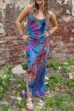 Sexy Vintage Print Tie Dye Backless Slit U Neck Sling Dress Dresses