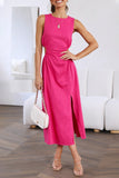 Sweet Simplicity Solid Hollowed Out Slit O Neck Sleeveless Dress Dresses