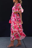 Elegant Vacation Print Flowers Flounce Square Collar A Line Dresses