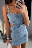 Sexy Solid Hollowed Out Make Old Sleeveless Regular Denim Dresses