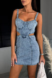 Sexy Solid Hollowed Out Make Old Sleeveless Regular Denim Dresses