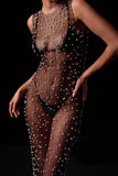 Sexy Vacation Solid See-through Beading Mesh Swimwears Cover Up