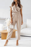 Casual British Style Solid Bandage Pocket V Neck Regular Jumpsuits(4 Colors)