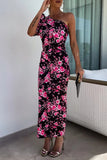 Vintage Elegant Floral Contrast Oblique Collar One Step Skirt Dresses