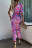 Vintage Elegant Floral Contrast Oblique Collar One Step Skirt Dresses