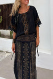 Casual Vintage National Totem Print Tassel Slit O Neck Half Sleeve Two Pieces