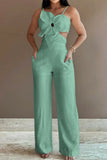 Sexy Solid Hollowed Out Pocket Flowers Regular Jumpsuits