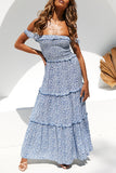 Sweet Elegant Print Flowers Fold Stringy Selvedge Off the Shoulder A Line Dresses