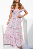 Sweet Elegant Print Flowers Fold Stringy Selvedge Off the Shoulder A Line Dresses