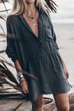 Casual Solid Draw String Pocket Buttons Turndown Collar Irregular Dresses