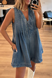 Casual Street Pocket Lace Up V Neck Sleeveless Loose Denim Jumpsuits