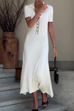 Street Elegant Solid Color Buckle Turndown Collar A Line Short Sleeve Dress