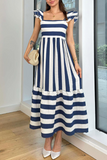 Elegant Striped Print Contrast Square Neck A Line Dresses